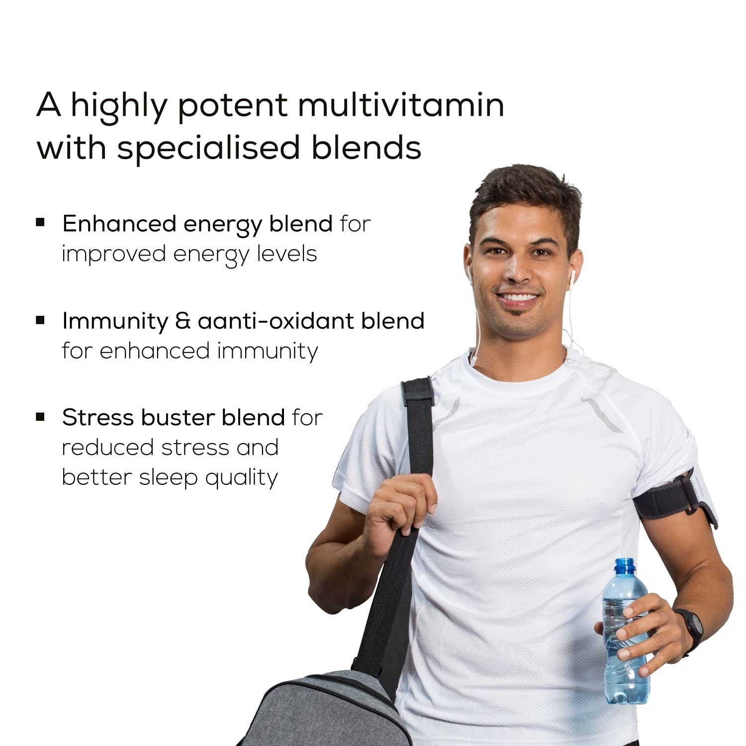 Man holding a water bottle and gym bag with text about a multivitamin product on a white background