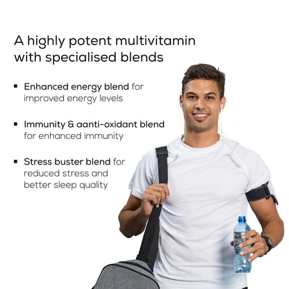 Man holding a water bottle and gym bag with text about a multivitamin product on a white background