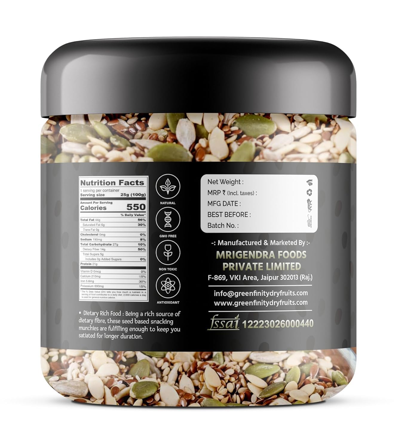 GreenFinity Healthy Raw Mix Seeds- Pumpkin, Sunflower, Watermelon, Chia and Flax Seeds | Rich in Omega 3 Fiber and Antioxidant | Ideal for Weight Management, Immunity Booster, Salads and Baking (250g)