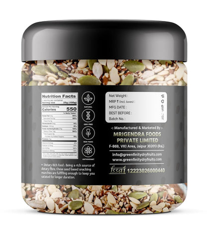 GreenFinity Healthy Raw Mix Seeds- Pumpkin, Sunflower, Watermelon, Chia and Flax Seeds | Rich in Omega 3 Fiber and Antioxidant | Ideal for Weight Management, Immunity Booster, Salads and Baking (250g)