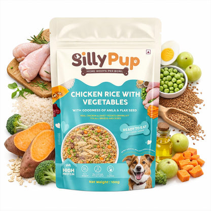 Silly Pup Chicken Rice with Vegetables Wet Dog Food | Amla, Flax Seeds, Turmeric, Ashwagandha & Pumpkin | No Sugar or Preservatives | Vet Crafted | All Breeds (1 Pouch, 100g)