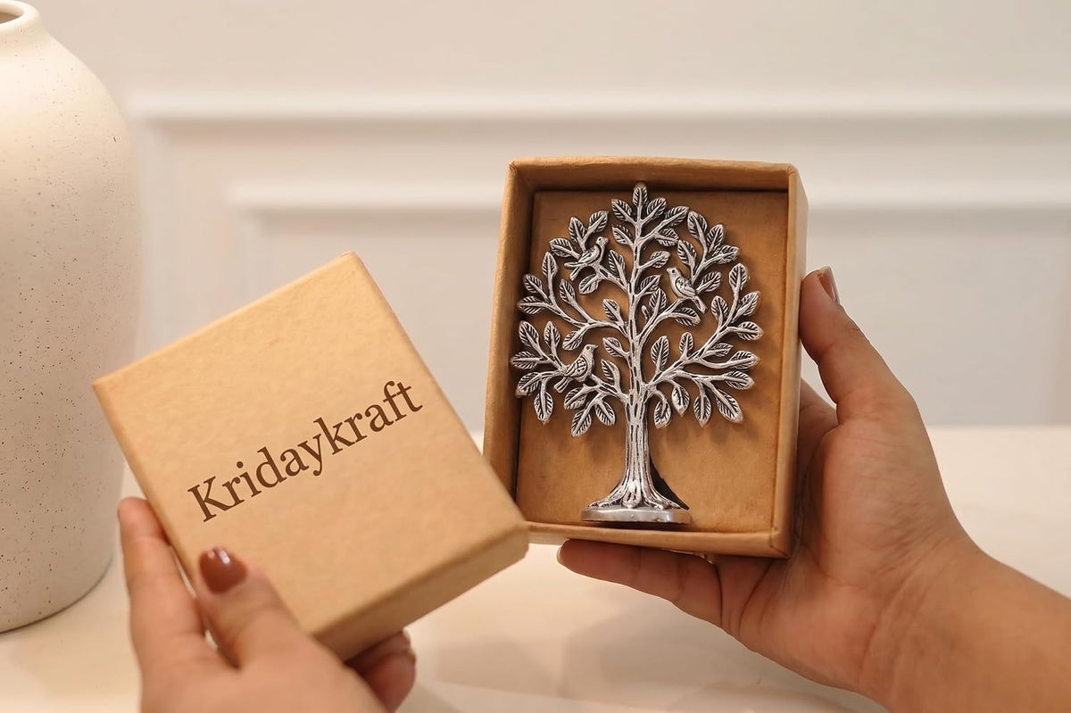 Metal Kalpavriksha Tree for Home Decor - Golden Wish Fulfilling Tree Metal Showpiece for Temple, Vastu, Office Table & Gifting Banyan (No 0 Silver)