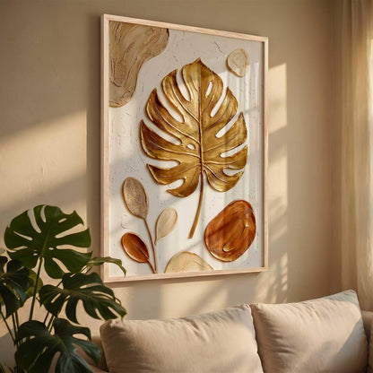 Golden Leaf Wall Art Home Decoration | Aesthetic Floral Paintings With Frame For Living Room Bed Room Hotel Wall Decor Digital Reprint (19x25 inch)