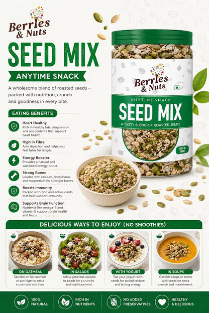 Berries And Nuts Healthy Roasted Seeds Blend | Pumpkin, Sunflower, Chia, Flax, Watermelon, Sesame Seeds | 200 Grams | 1 Bottle of 200 Grams