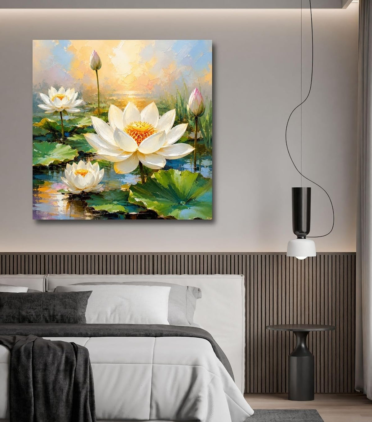 Lotus Flower Painting for Wall Vastu (15+ DESIGNS) Framed Lotus Canvas Painting for Living Room, Bedroom | Nature Floral Wall Art with Multiple Design Variations (White Lotus, 18x18 Inch, Framed)