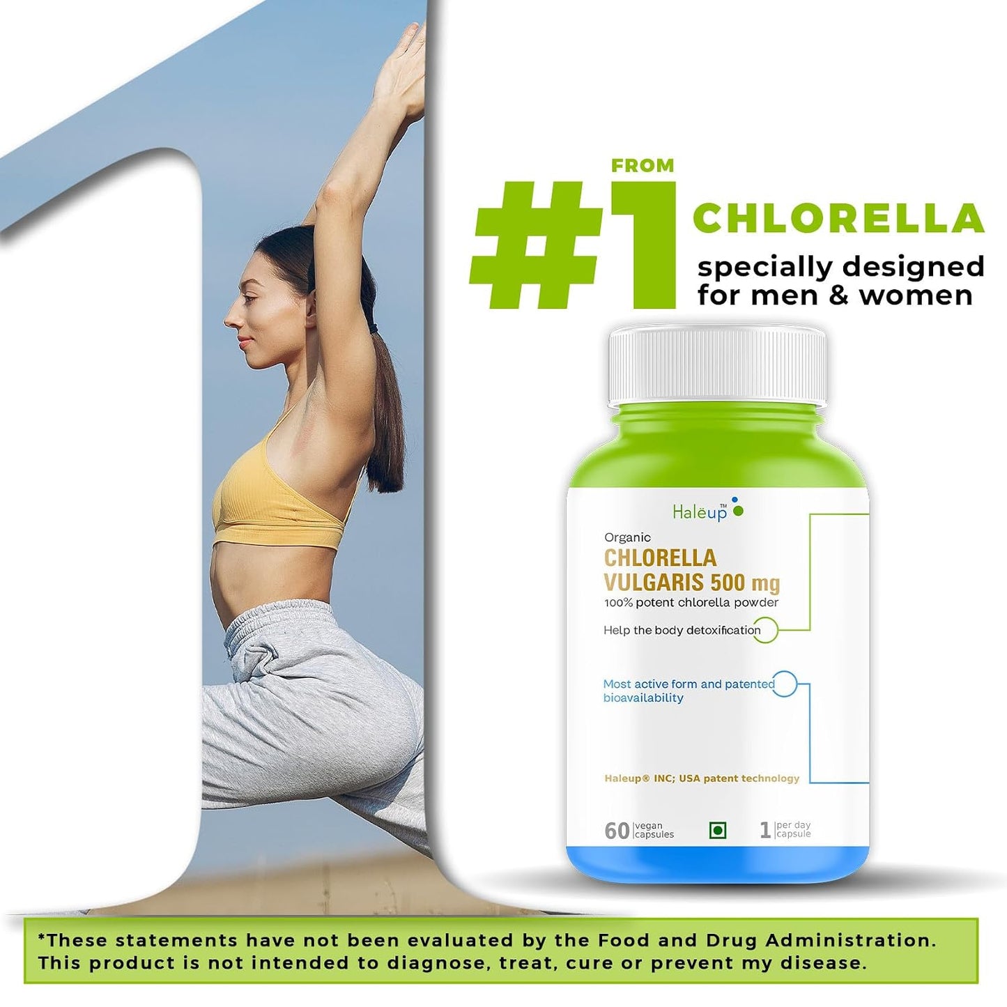 Haleup Organic Chlorella Detox Caps 600 mg | Protects Liver and promotes Health | Removes Heavy Metals & Body Toxins I 60 Veg Capsules