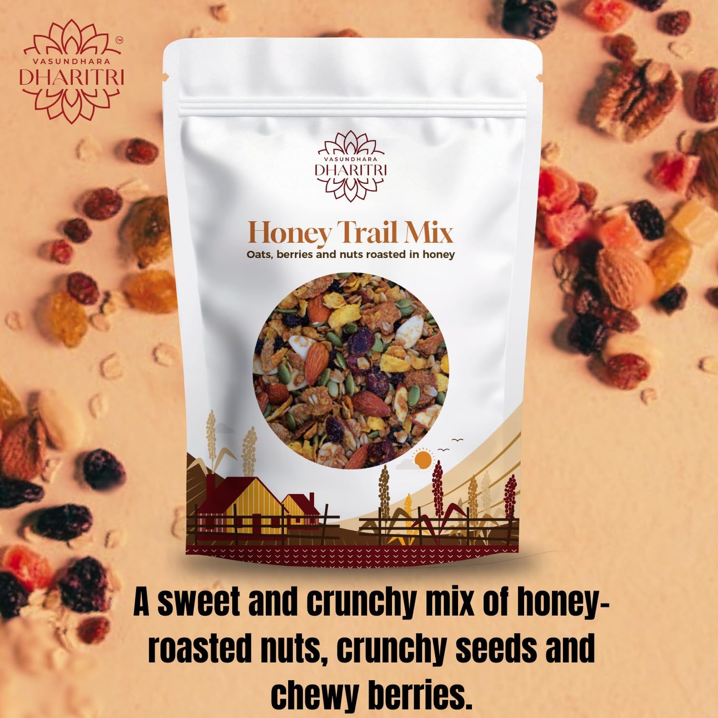 VASUNDHARA DHARITRI Honey Roasted Nuts & Berries Trail Mix, 250g | Premium Mix of Nuts, Berries, Seeds & Oats, Protein & Fiber-Rich Snack, Boosts Energy & Immunity, No Preservatives