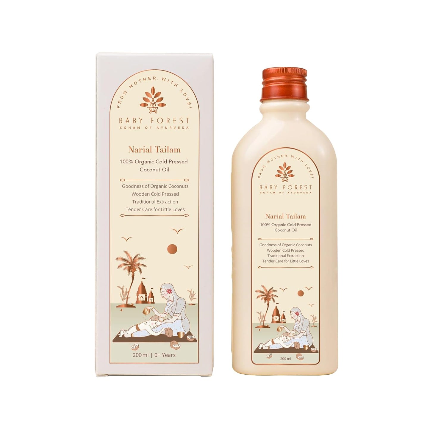 Baby Forest Narial Tailam Organic Cold Pressed Coconut Oil for Baby Skin & Hair Care | 100% Natural & Ayurvedic | Derma Safe & Cruelty-Free | Coconut Oil for Newborn Massage | 200ml