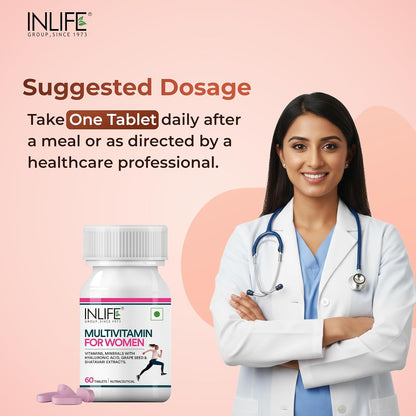 INLIFE Women's Multivitamin Tablets | 60 Tablets | Enriched with Zinc, Vitamin C, Vitamin D, and Essential Multiminerals | Supports Immunity and Energy Levels (Pack of 1)