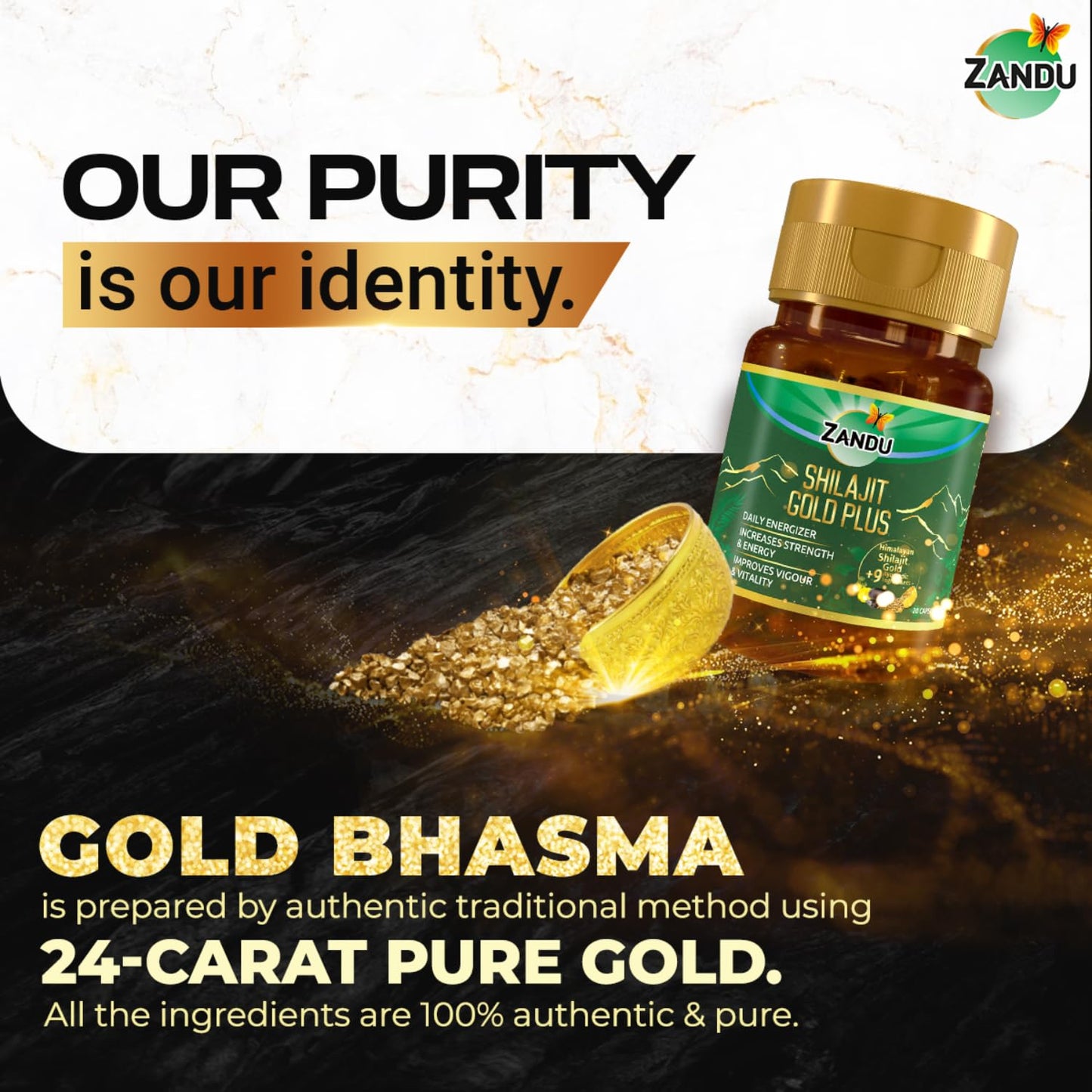 Zandu Shilajit Gold Plus| Scientifically tested advanced formula| Made using 100% Pure Himalayan Shilajit, Gold & 9 Ayurvedic herbs |Enhances strength, stamina, vigour, vitality and power | 20 Caps