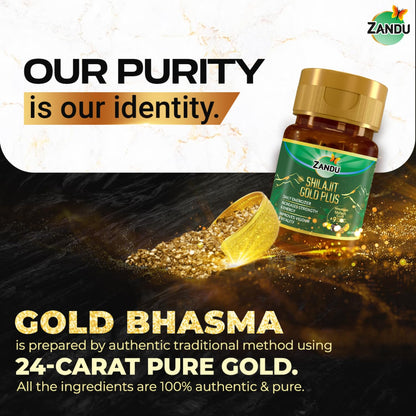 Zandu Shilajit Gold Plus| Scientifically tested advanced formula| Made using 100% Pure Himalayan Shilajit, Gold & 9 Ayurvedic herbs |Enhances strength, stamina, vigour, vitality and power | 20 Caps