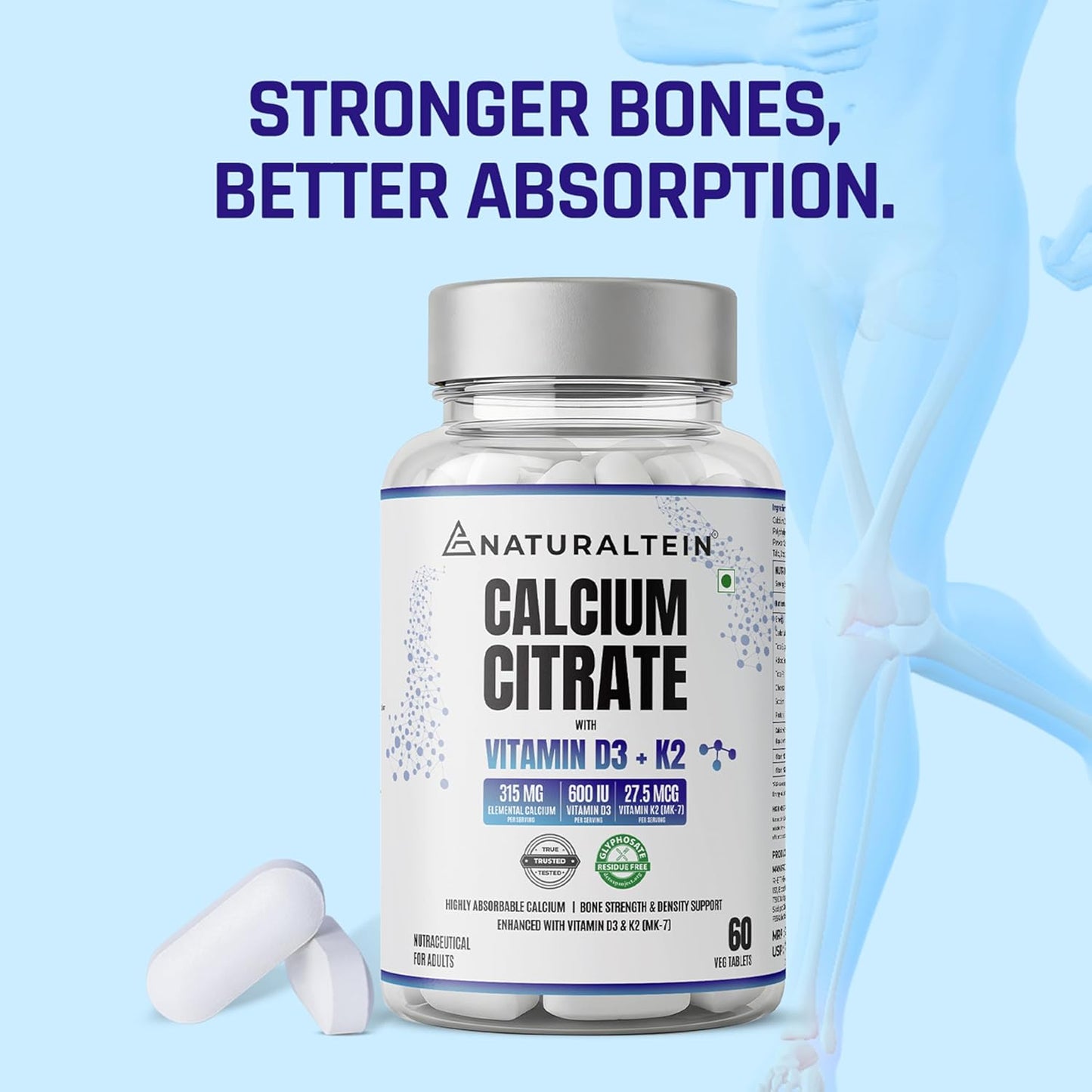Bottle of Naturaltein Calcium Citrate supplement with text 'Stronger Bones, Better Absorption' on a light blue background.