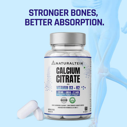 Bottle of Naturaltein Calcium Citrate supplement with text 'Stronger Bones, Better Absorption' on a light blue background.