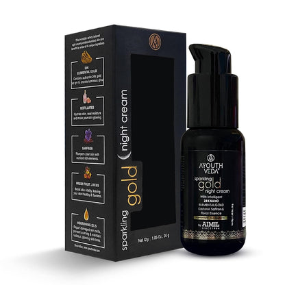Ayouthveda Sparkling Gold Night Cream | 24K Nano Gold & Kashmiri Saffron | Reduces Fine Lines, Wrinkles & Dark Spots | Restores Skin Firmness & Elasticity | Overnight Anti-Ageing Face Cream (30g (Pack of 1))