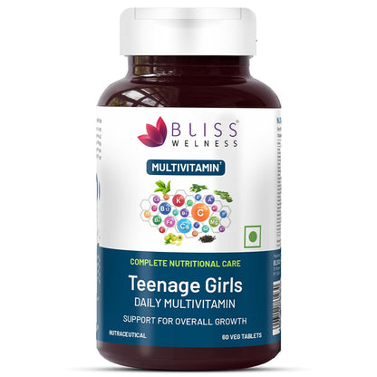 Bliss Welness Teenage Girl Multivitamin With Vitamin, Minerals, Calcium Magnesium Zinc, Aloe Vera Extract, Bamboo and Grapeseed Extract For Immunity, Hair Skin Nails, Bone & Joint Health - 60 Tablets