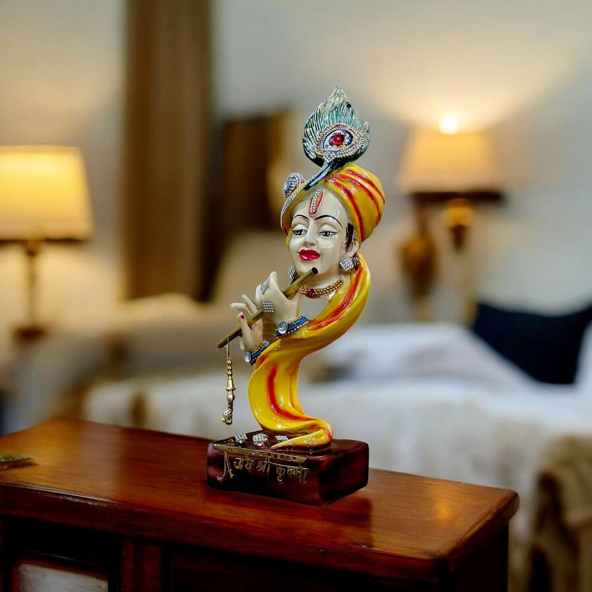 Decorative Krishna Statue with Flute, Resin and Marble, 34.5 cm Height, Religious Home Decor Krishna Showpiece for Home Decor Living Room