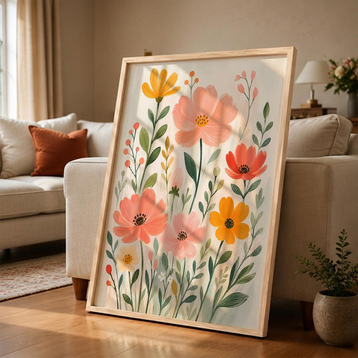 Decorative Floral Wall Art Painting With Frame | Floral Painting For Living Room Bed Room Hotel Wall Decor Digital Reprint (14X20 inch)