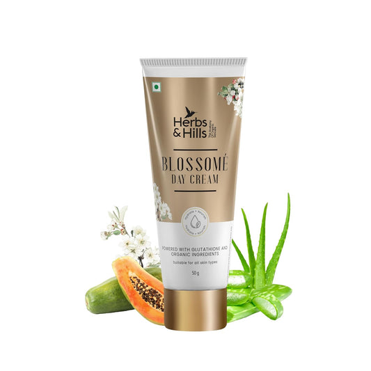Herbs & Hills Blossome Day Cream, Herbal & Organic Glutathione Day Cream with Aloe Vera, Papaya & Licorice, Brightening, Anti-Aging, Hydrating & Skin Tone Evening for All Skin Types, 50g