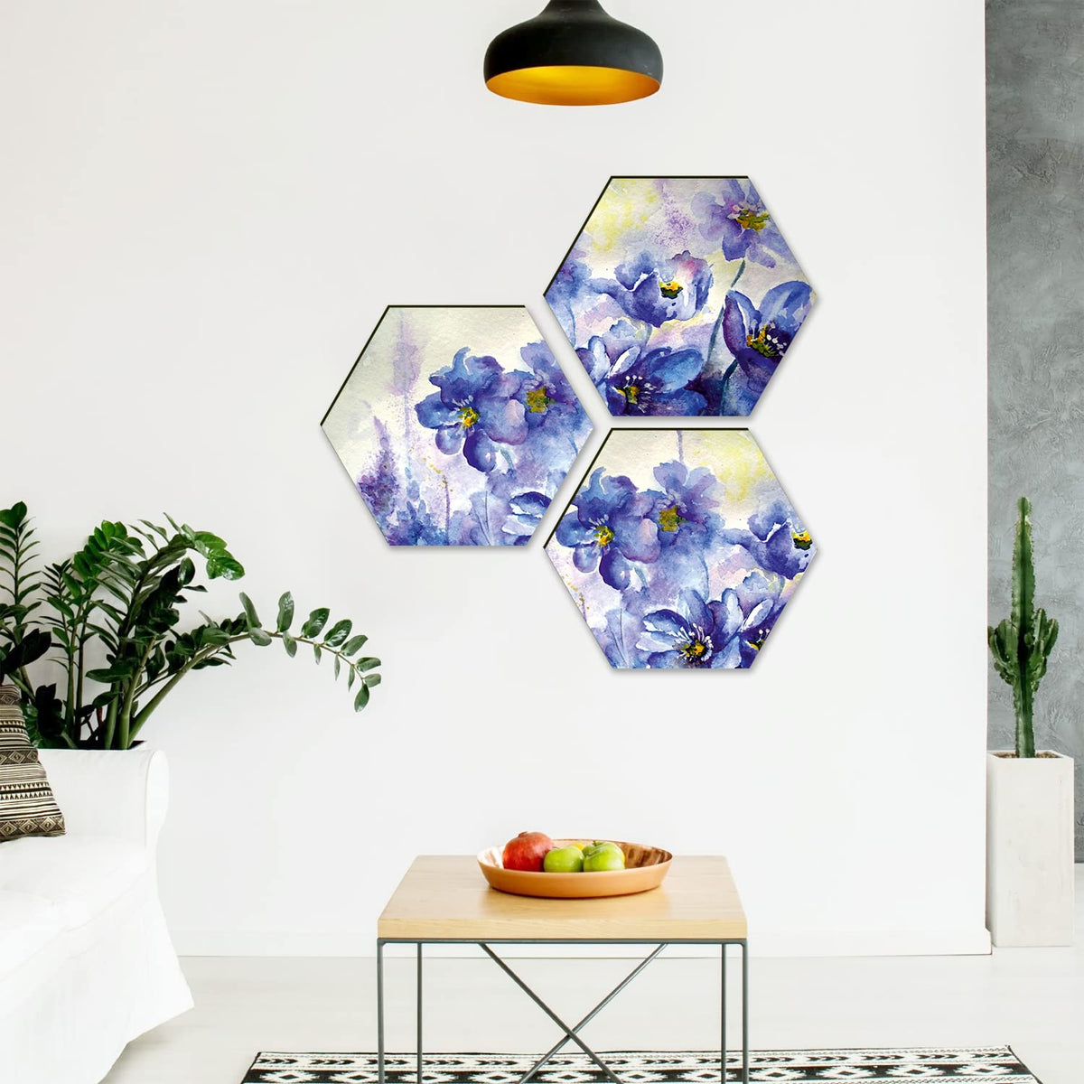 Floral Wall Painting For Living Room Hexagonal Set of 3 (B)