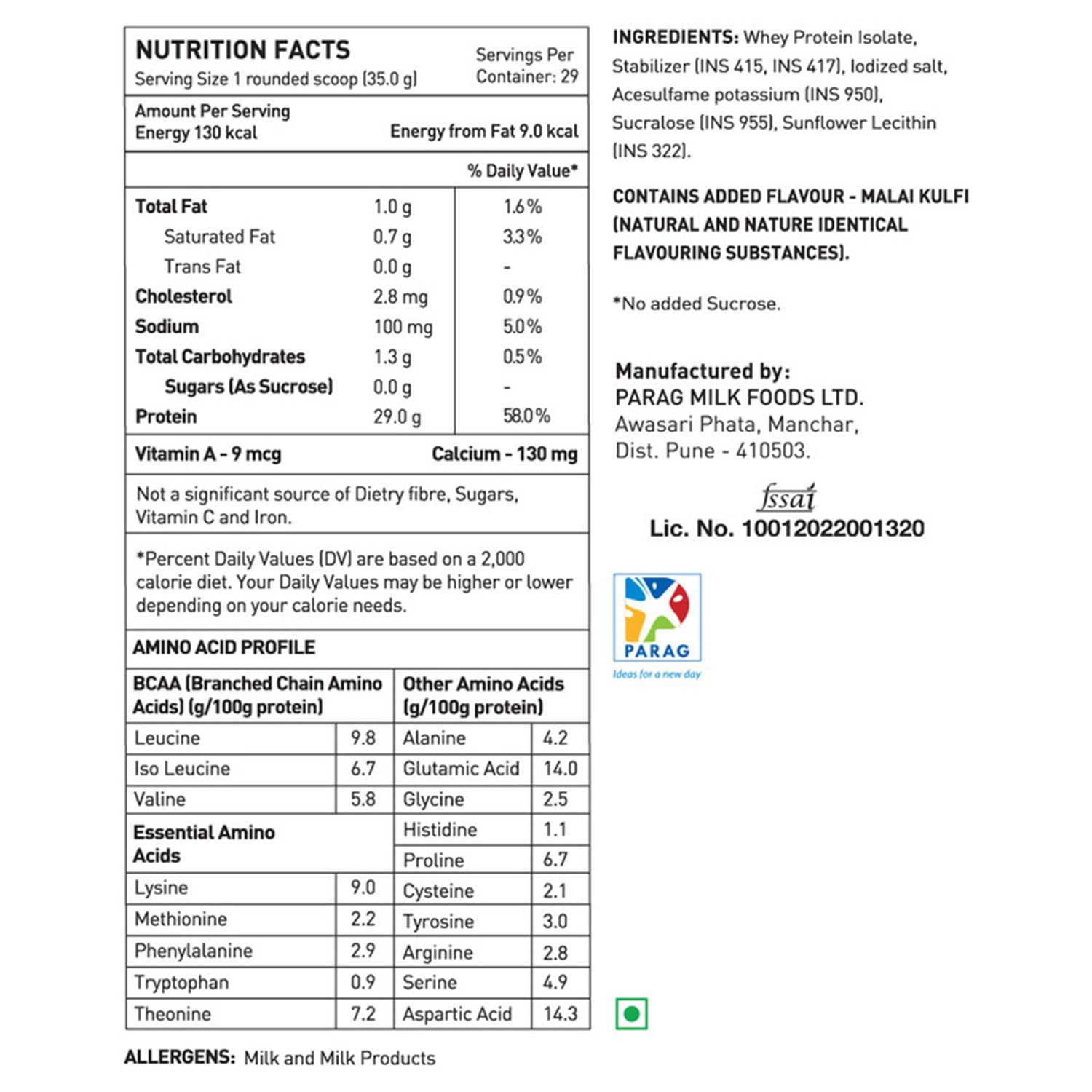 Nutrition facts and ingredients label for a protein product by Parag Milk Foods Ltd.