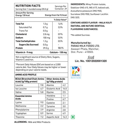 Nutrition facts and ingredients label for a protein product by Parag Milk Foods Ltd.