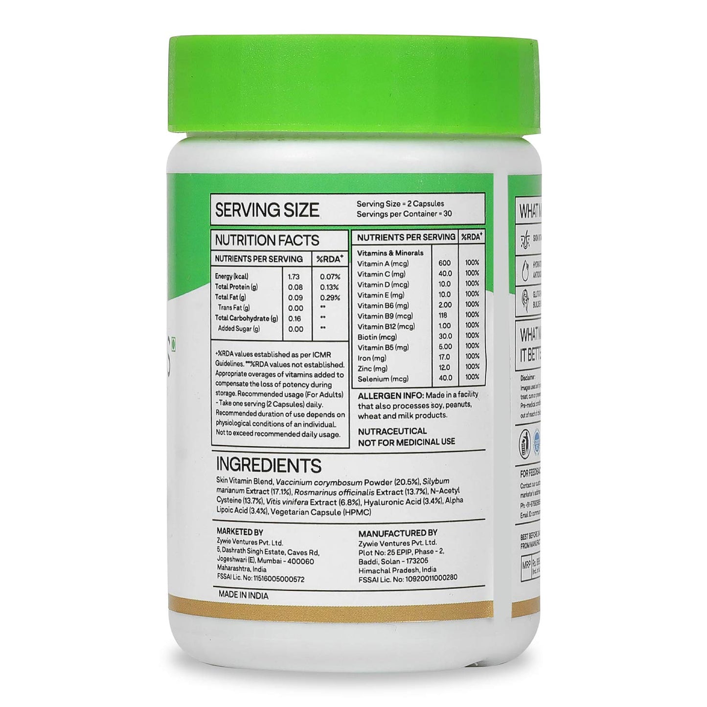 OZiva Skin Vitamins 60 Capsules for Men & Women (with Hyaluronic Acid, Vitamin E & C for Radiant Skin & Hydration, Certified Clean & Vegan, 50 grams