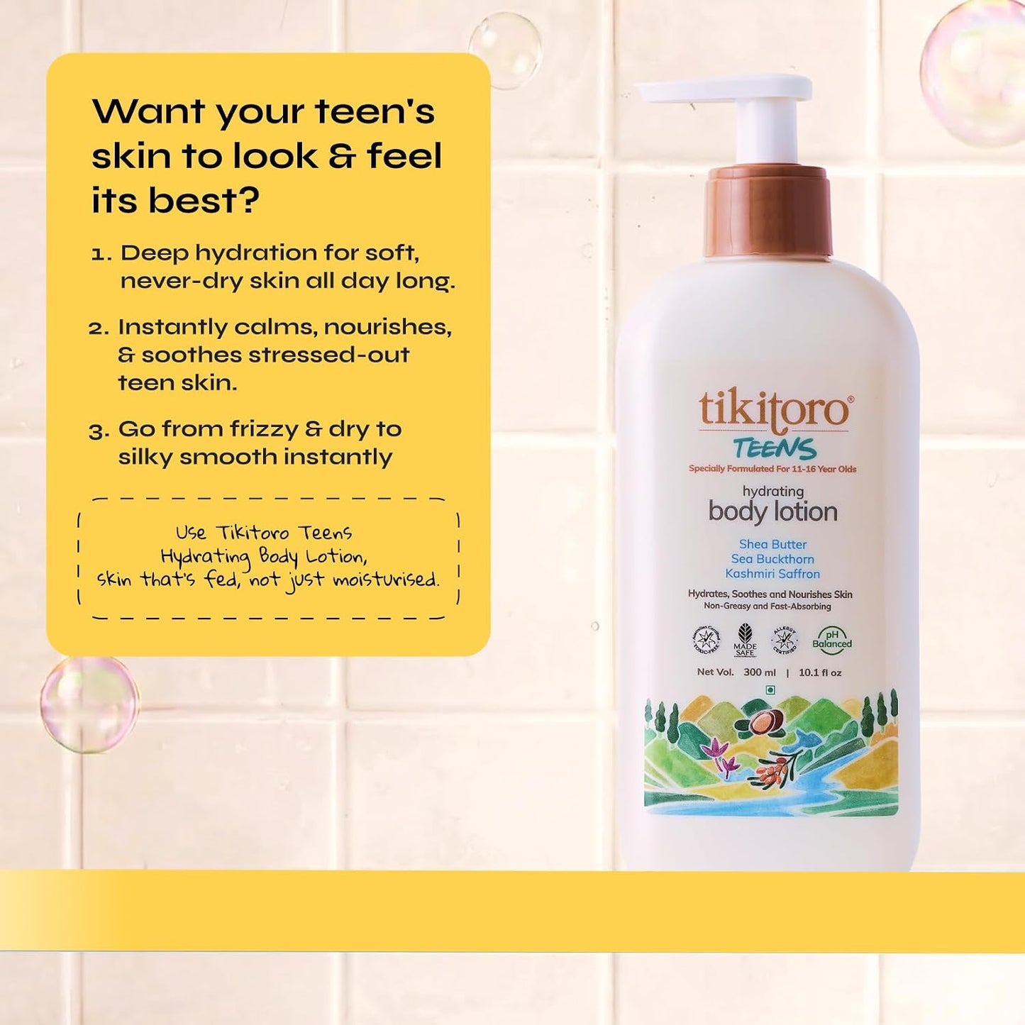 Tikitoro Teens Hydrating Body Lotion 100% Vegan with Shea Butter, Sea Buckthorn, Kashmiri Saffron Extract, Moisturises, Soothes & Nourishes Skin (Age: 11+ Years) (300 ml x 1)