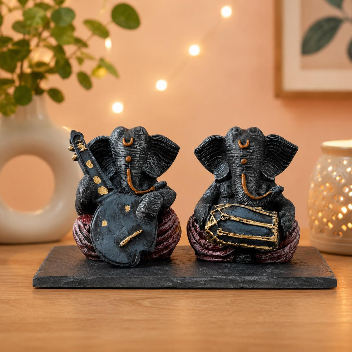 Beautiful Resin Ganesha Statues for Home Decor (Pack of 2, Grey & Red Colour)