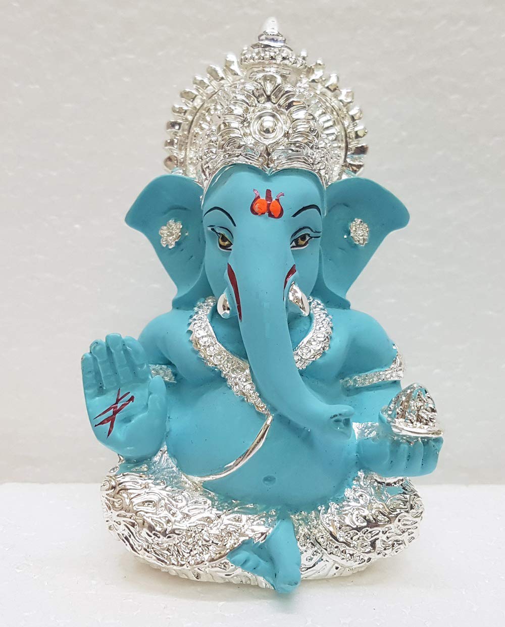 Gold Art India 999 Silver Plated Ganesh Idol for Car Dashboard God Ganesha Idol for Home Decor Ganpati for Gift 3.5 inches (Silver) (Silver Fountain Blue)