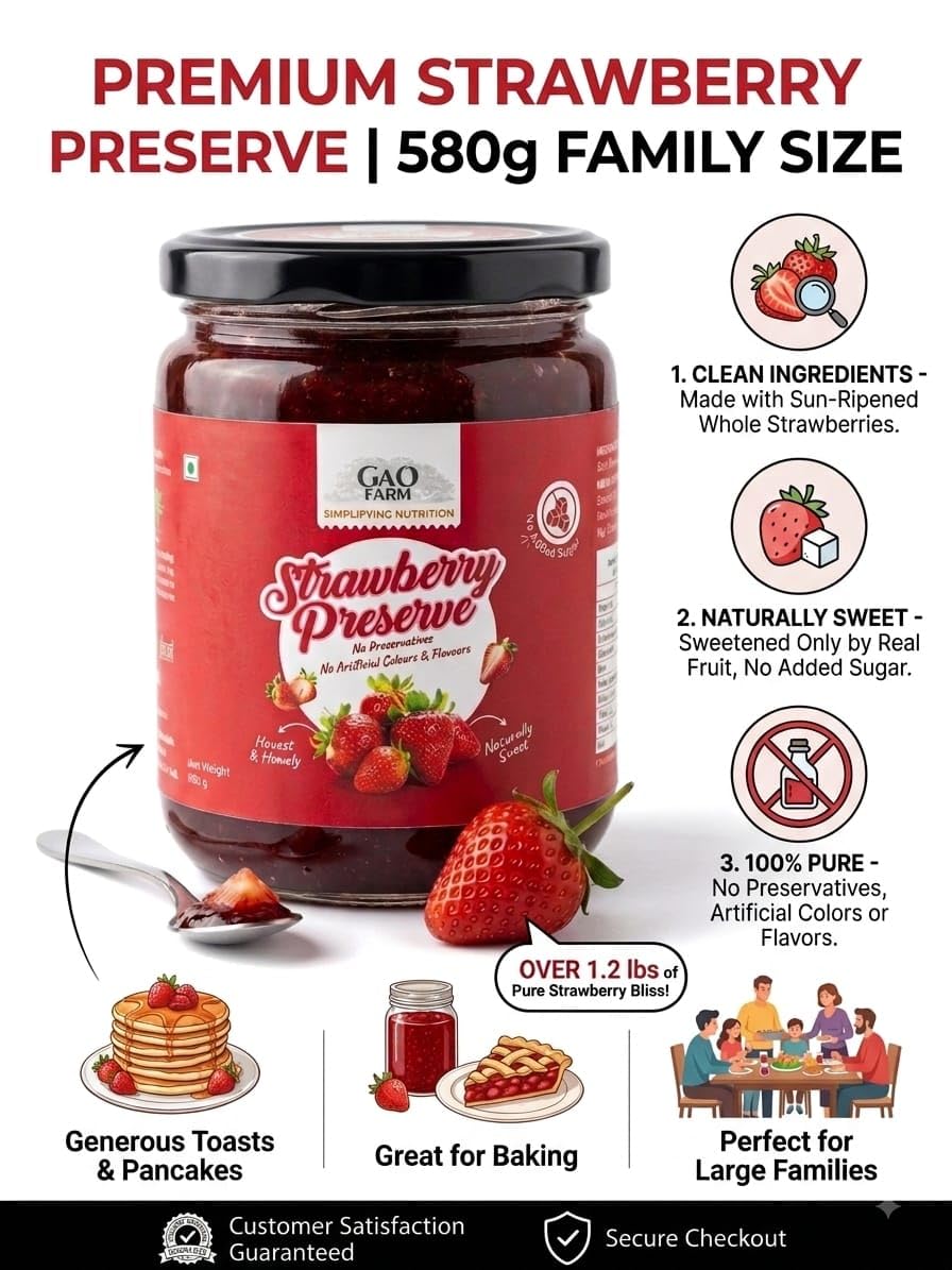 GAO FARM Natural Strawberry Jam & Preserve 580g | No Added Sugar, Vegan & Gluten Free | 100% Real Strawberries & Apple Juice | No Preservatives | Toast, Breakfast & Baking Spread (580)
