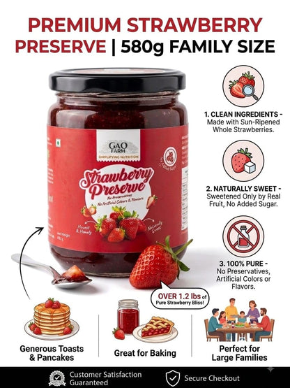 GAO FARM Natural Strawberry Jam & Preserve 580g | No Added Sugar, Vegan & Gluten Free | 100% Real Strawberries & Apple Juice | No Preservatives | Toast, Breakfast & Baking Spread (580)