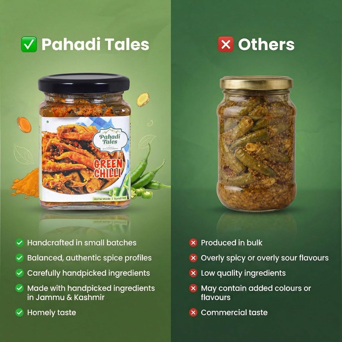 Pahadi Tales Green Chilli Pickle 200g | Hari Mirch ka Achar in Mustard Oil | Spicy Sundried Homemade Pahadi Achaar | Mirchi Pickle | Ghar Ka Achar | Made in Jammu & Kashmir