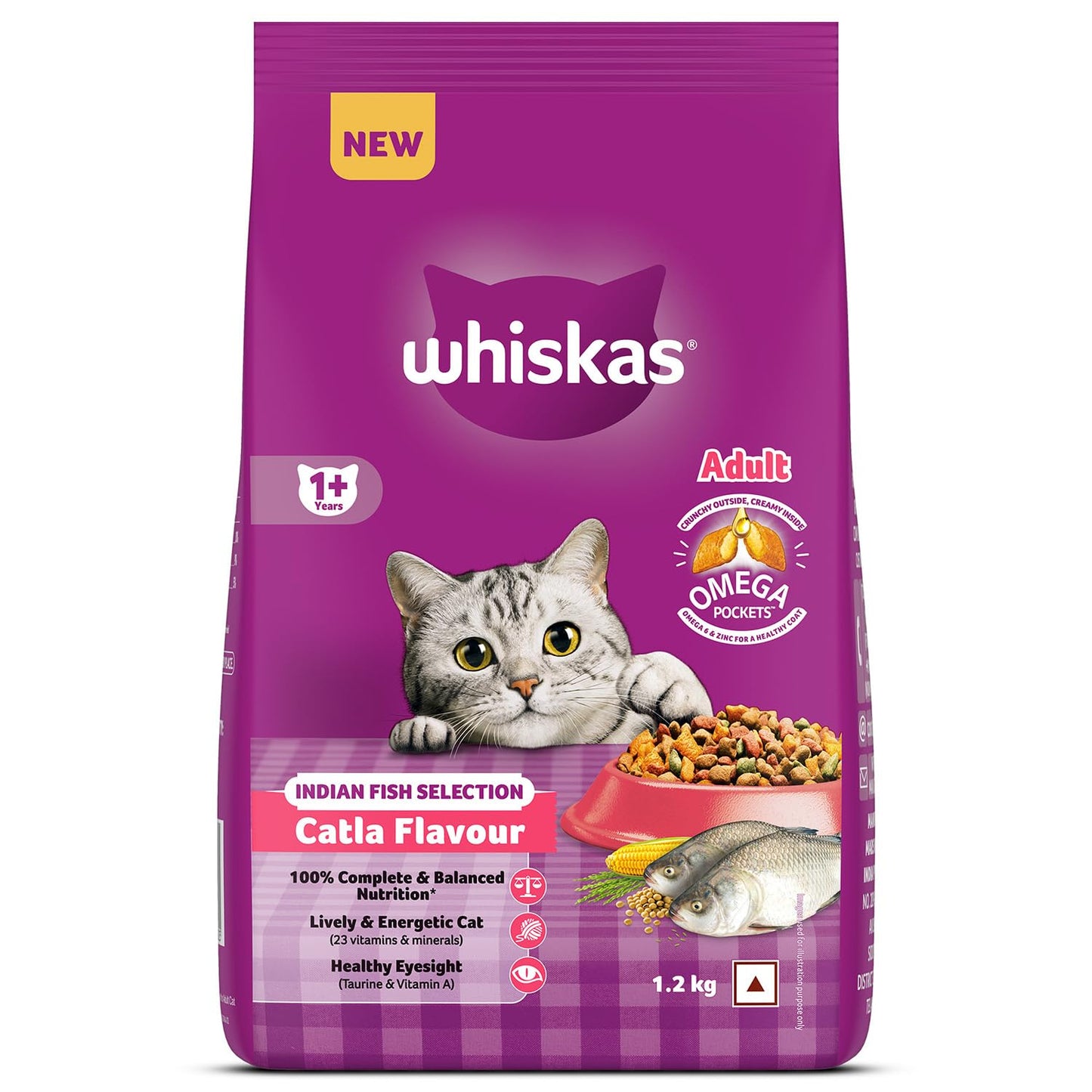 Whiskas Adult (1+ Years) Dry Cat Food, Catla Fish Flavour, 1.2 kg, Powered with 40 Essential Nutrients, Complete & Balanced Nutrition for Adult Cats