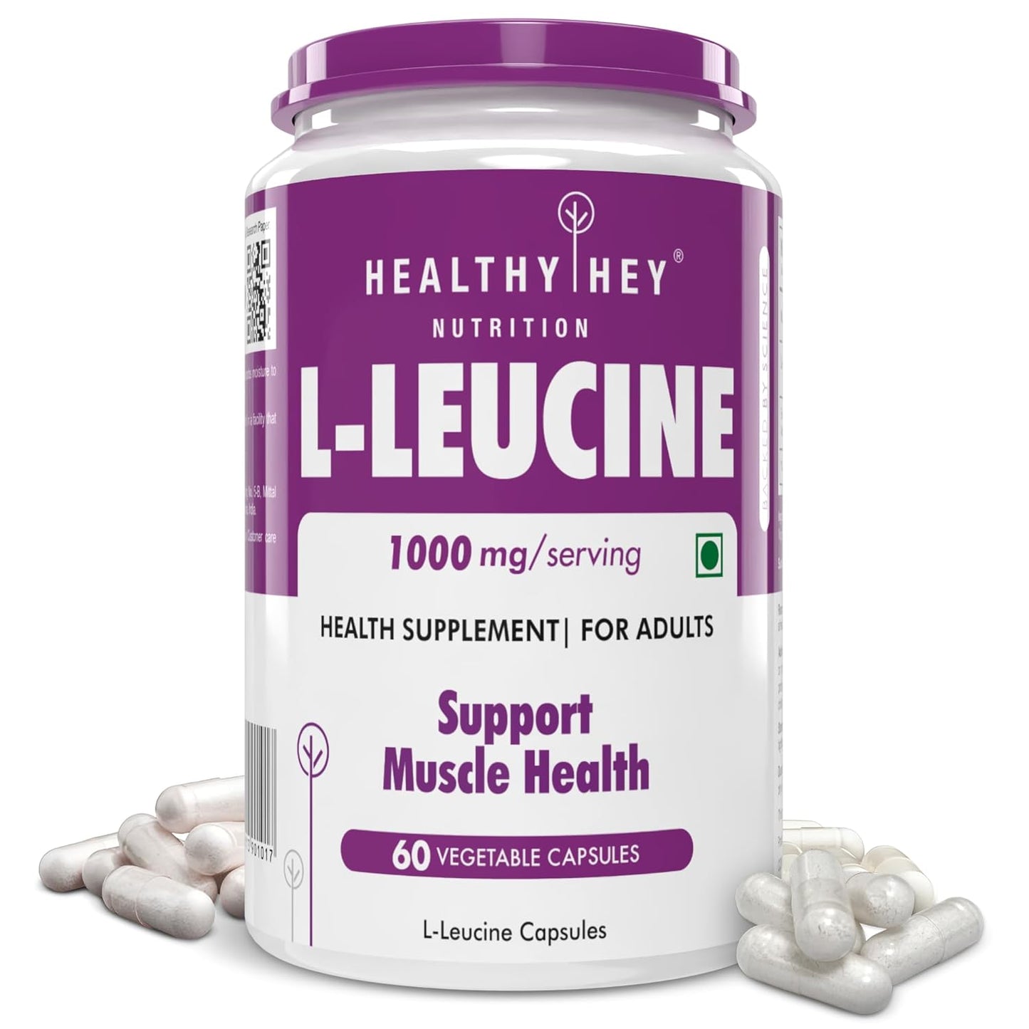 Supplement container labeled 'L-Leucine' by Healthy Hey Nutrition on a white background