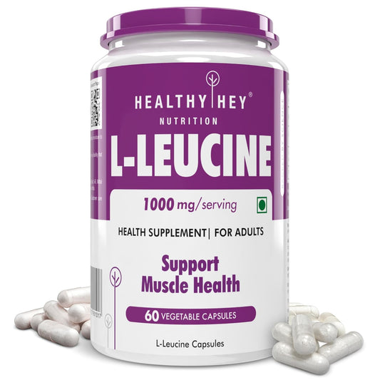 Supplement container labeled 'L-Leucine' by Healthy Hey Nutrition on a white background
