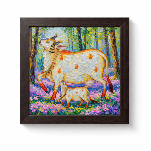 Kamdhenu Divine Vastu Sacred Cow Calf Hindu Spiritual Religious Pooja Mandir Traditional Indian Floral Theme Framed Poster Artwork Decor Painting