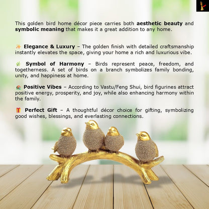 Golden Birds on Branch Showpiece for Home Decor – Resin Chirping Birds Figurine Statue for Living Room Shelf Table Decoration | Modern Decorative Bird Golden Showpiece (20.5 x 11.5 x 9 cm)