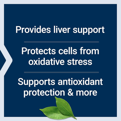 Text on a blue background about liver support, oxidative stress protection, and antioxidant support with a green leaf.