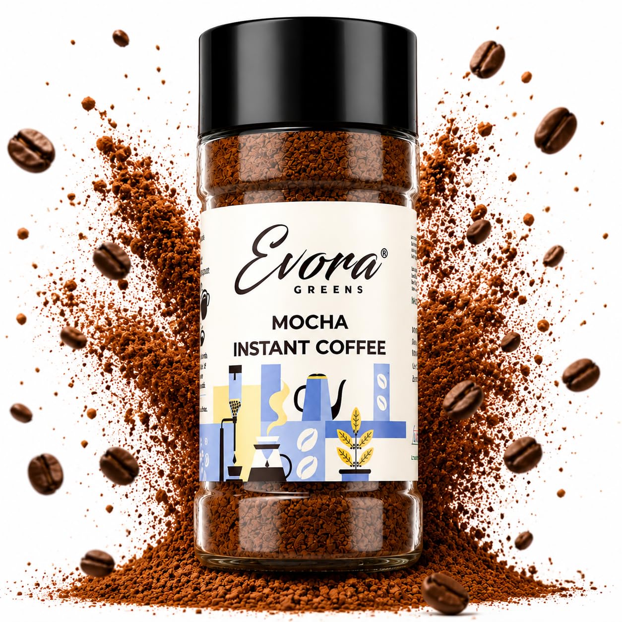 EVORA Greens 100gm Instant Coffee Powder | Mocha Flavour | Coffee with Arabica & Robusta Blend - Medium Roast | Make Café Style Hot or Cold Coffee, black Coffee, Cappuccino, Latte at Home | Make 50 Cups
