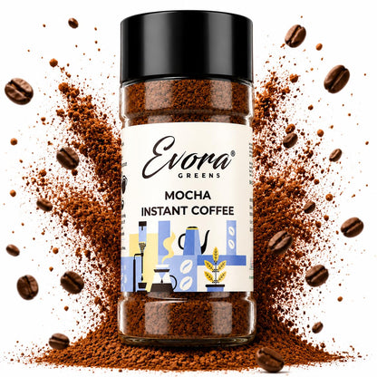 EVORA Greens 100gm Instant Coffee Powder | Mocha Flavour | Coffee with Arabica & Robusta Blend - Medium Roast | Make Café Style Hot or Cold Coffee, black Coffee, Cappuccino, Latte at Home | Make 50 Cups