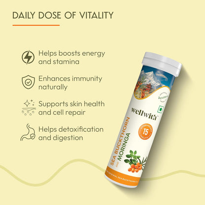 Wellwith Seabuckthorn + Moringa Effervescent Tablets | Immunity & Antioxidant Support | Natural Vitamin C & Iron | Vegan, Sugar-Free, Refreshing Orange Flavour | 15 Tablets (Pack of 1)