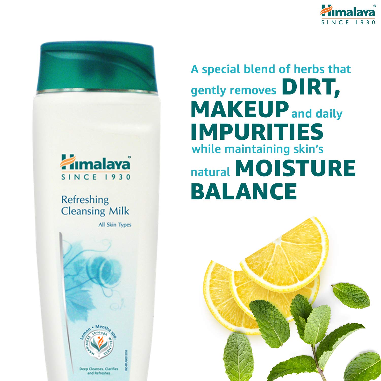 Himalaya Refreshing Cleansing Milk bottle with lemon slices and mint leaves on a white background