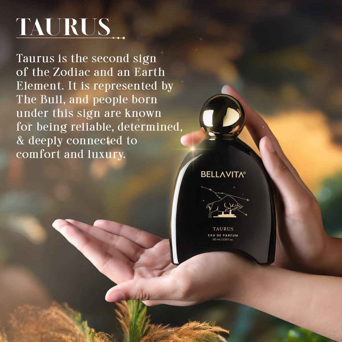 Bellavita Taurus perfume bottle held in hands with zodiac information text.