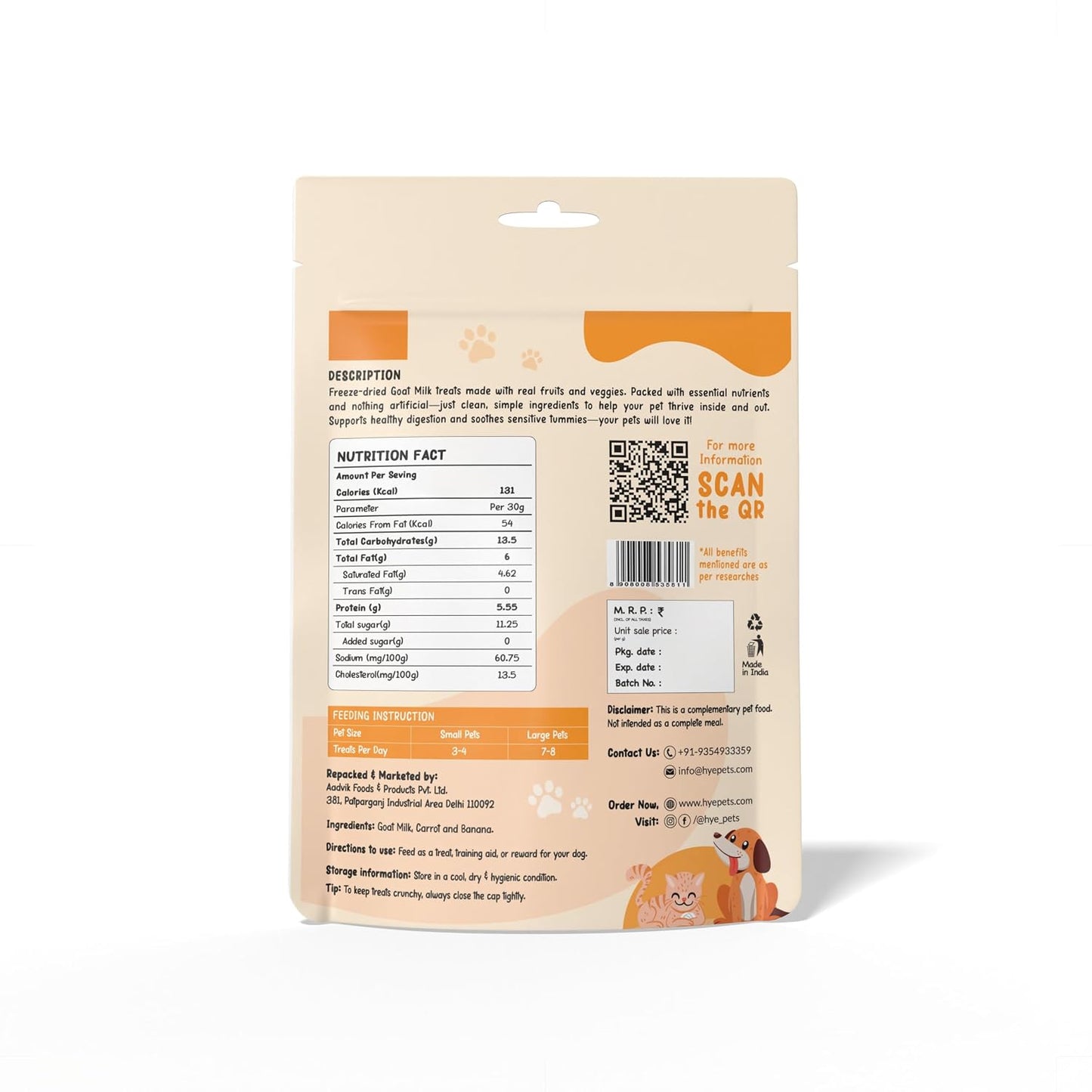 HYE Pets Super Treats for Super Pets – Freeze Dried Treats Made with Goat Milk, Carrot & Banana | 30g