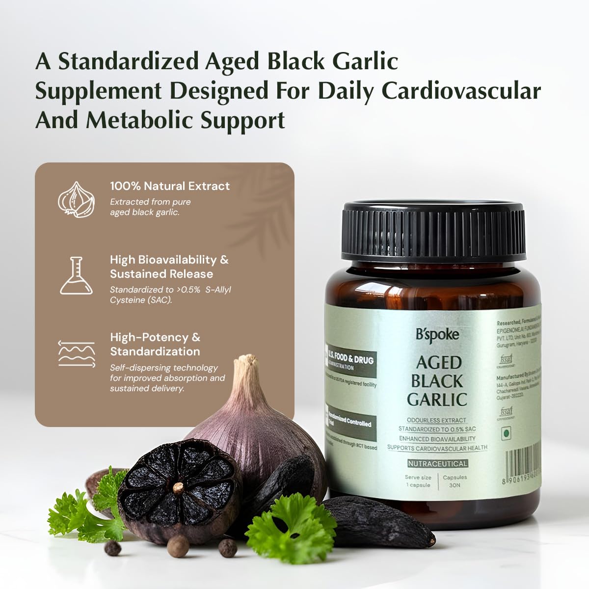 B'spoke Aged Black Garlic | Odourless Extract Standardized to 0.5% S-Allyl Cysteine (SAC) | Garlic Bulb Derived | Enhanced Bioavailability for Antioxidant & Cardiovascular Support | Gentle on Stomach