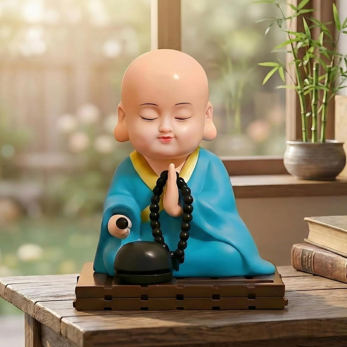 eCraftIndia Little Cute Buddha Monk Feng Shui Showpiece for Home Decor Office Car Dashboard | Moving Head and Hand Monk Buddha Statue for Positive Energy Money Luck Prosperity Gift (Plastic, Blue)