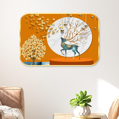 Abstract deer modern art Premium Sparkle Lamination Finished Surface Golden Slim Frame 30 cm x 46 cm Large Size, For Home/Office/Hotel painting MG17