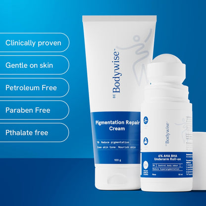Be Bodywise Advanced Pigmentation Kit | With 6% AHA BHA Flora Underarm Roll-On (50ml) & Pigmentation Repair Cream (100g) | Reduces Body Odor, Fades Pigmentation & Corrects Uneven Skin Tone