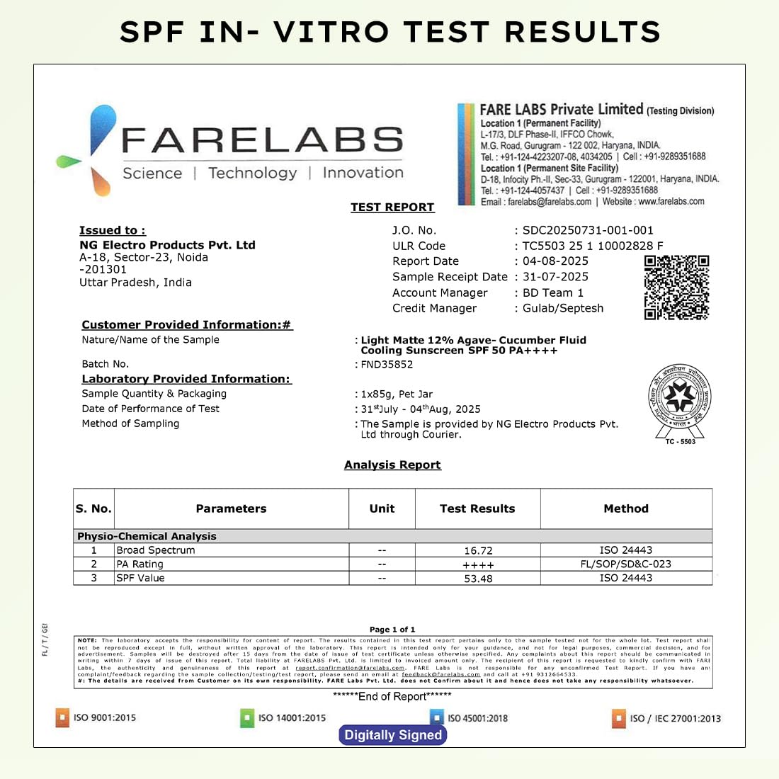 SPF in-vitro test results report from Fare Labs with laboratory details and test parameters.