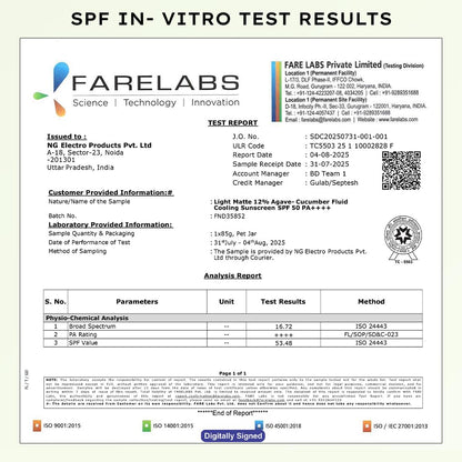 SPF in-vitro test results report from Fare Labs with laboratory details and test parameters.